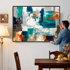 Blue Teal Abstract Canvas Wall Art, Modern Brushstroke Style Print, Navy Orange Contemporary Decor