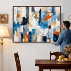 Blue Teal Abstract Canvas Wall Art, Modern Brushstroke Style Painting Print, Navy Orange Contemporary Decor