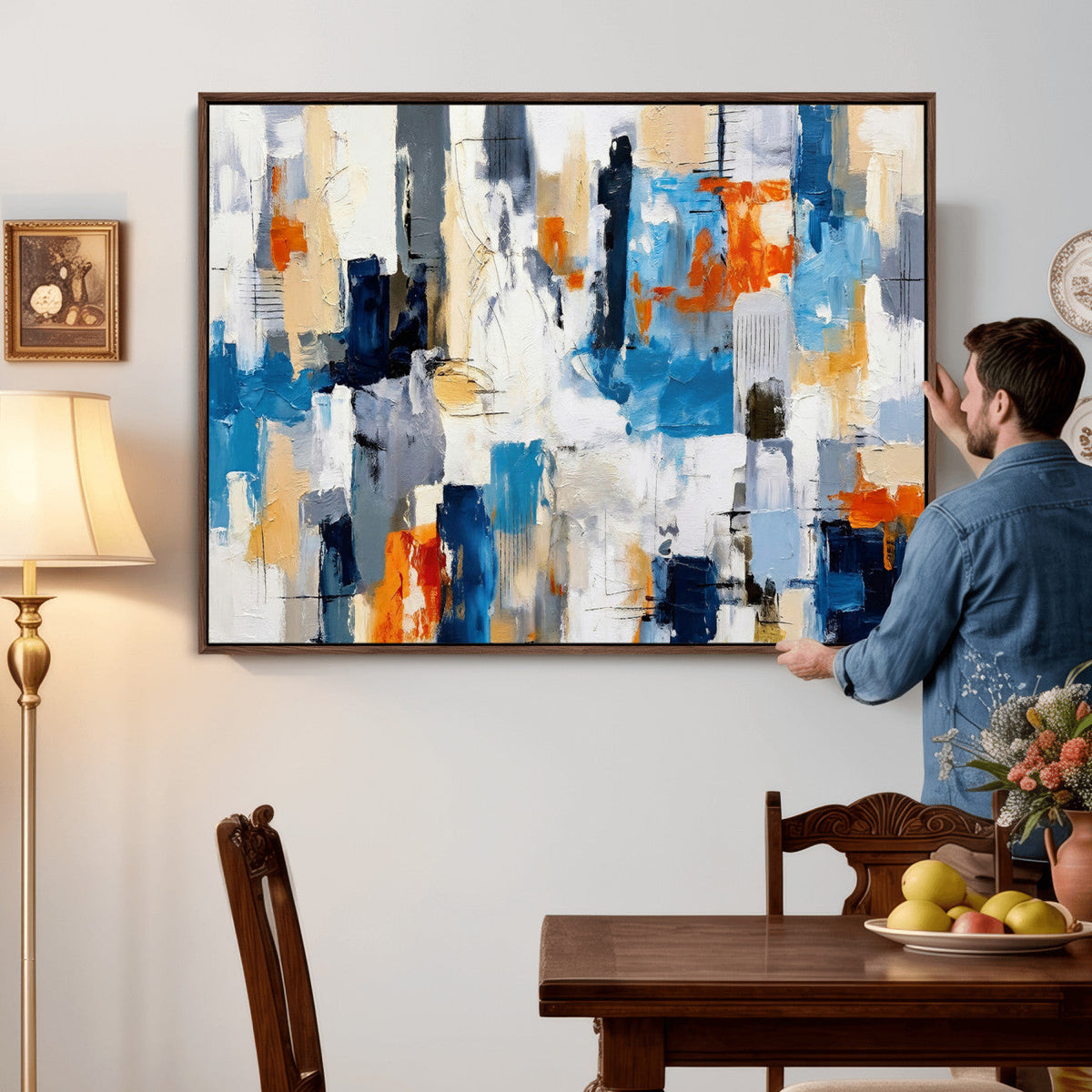 Blue Teal Abstract Canvas Wall Art, Modern Brushstroke Style Painting Print, Navy Orange Contemporary Decor