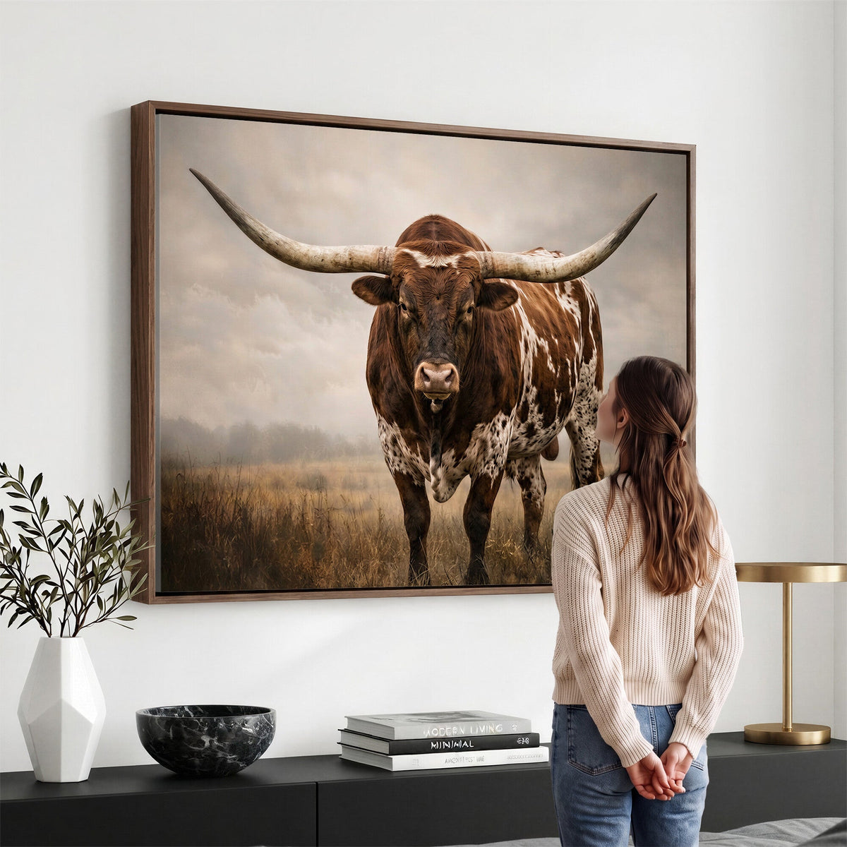 Texas Longhorn Wall Art Canvas Print | Brown Horned Bull Rustic Western Decor