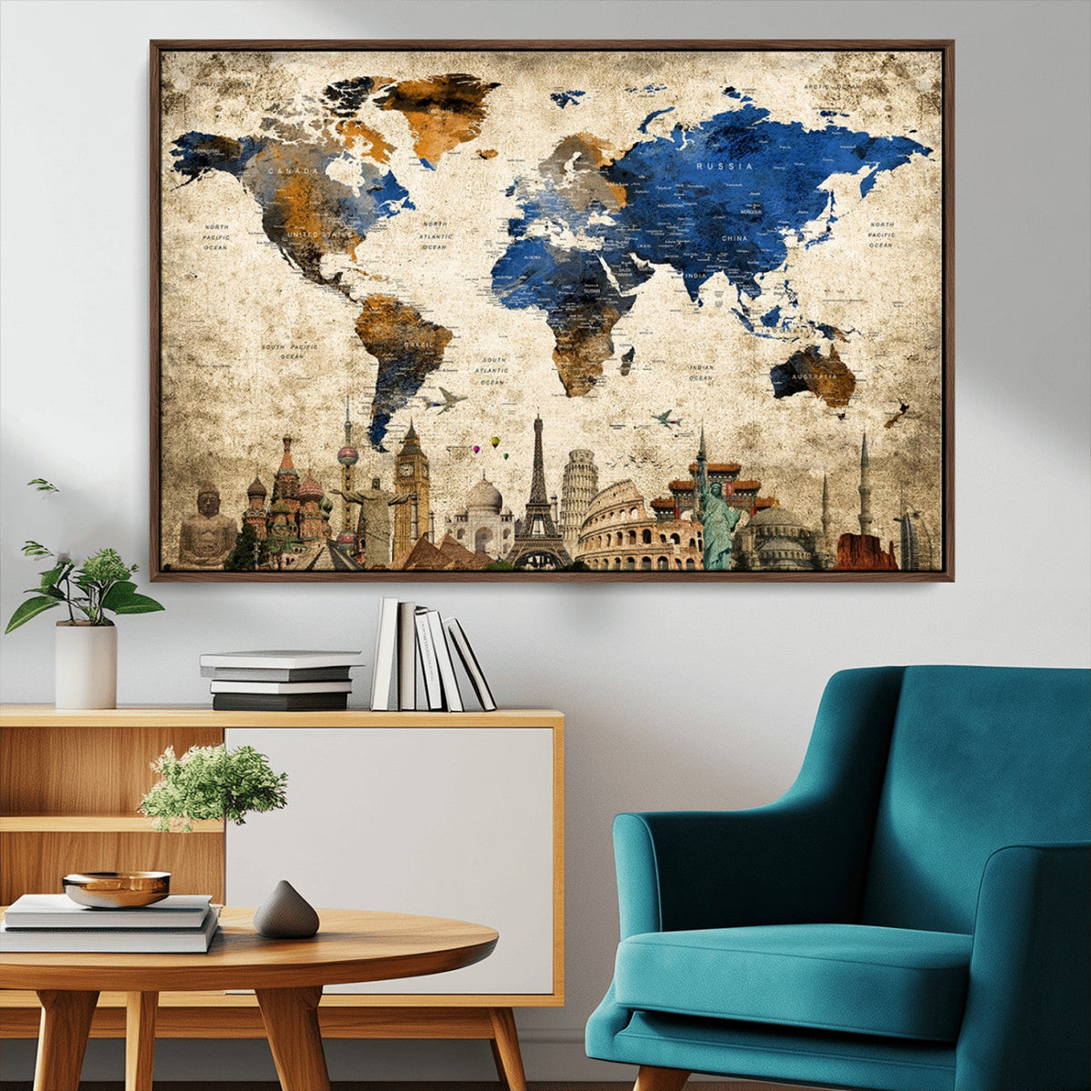 World Map Canvas Print | Vintage Blue and Gold World Map Wall Art