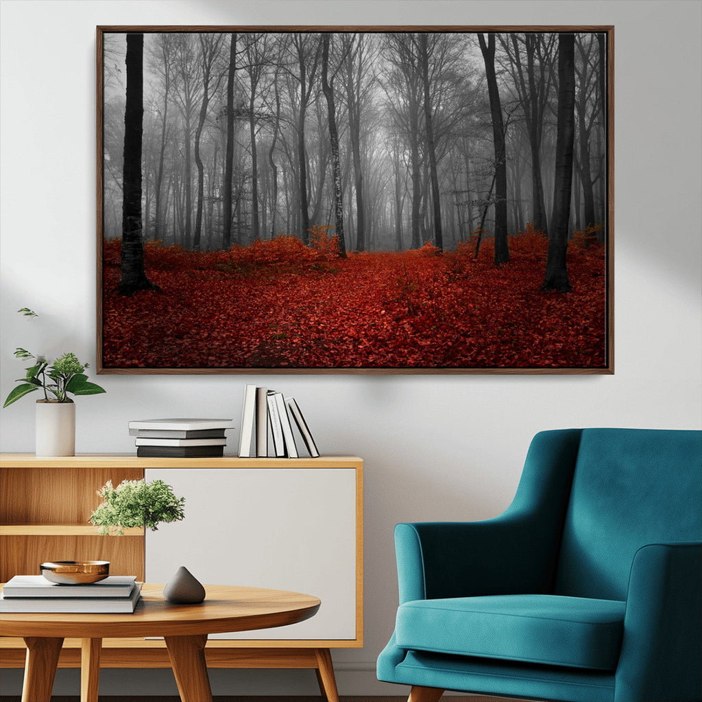 Red Forest Floor Canvas Wall Art | Mystical Foggy Woodland Triptych