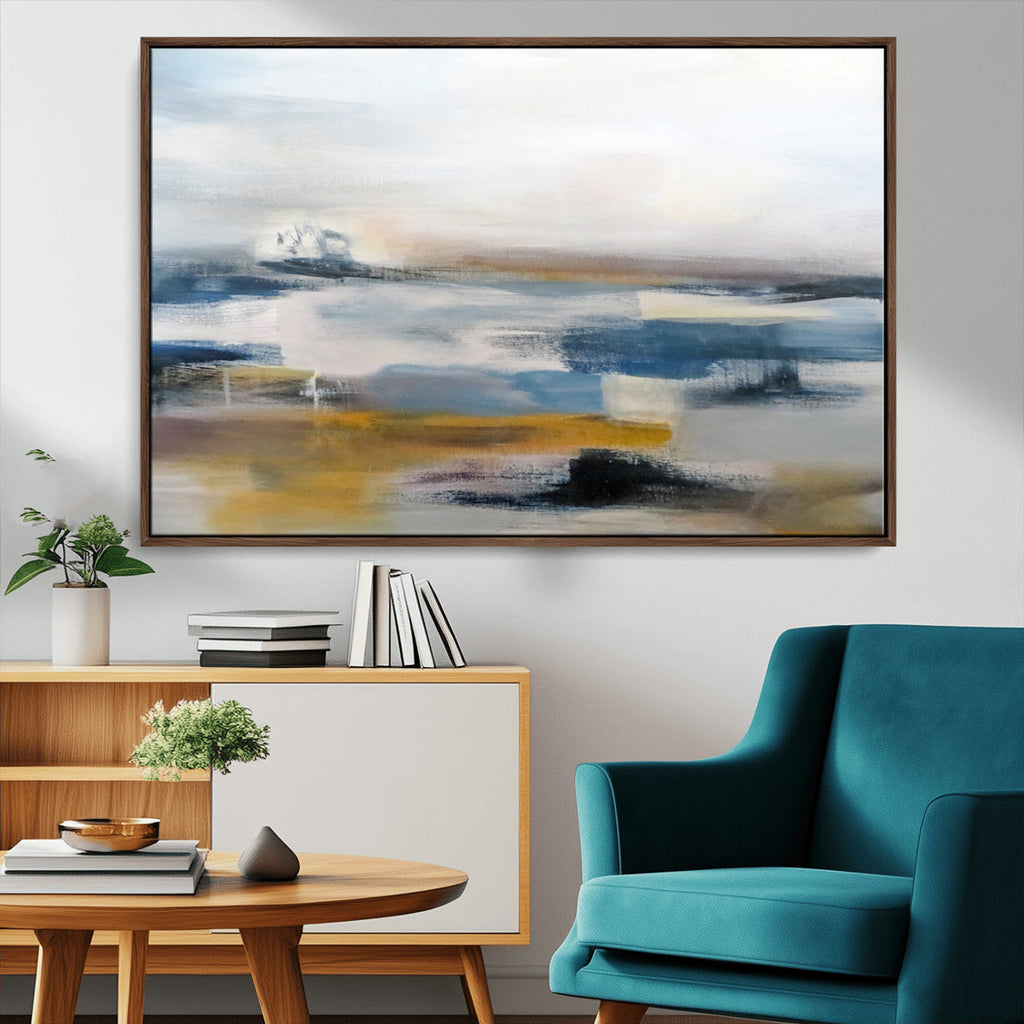 Abstract Landscape Wall Art Canvas | 3 Panel Modern Blue, Gold and White Canvas Art