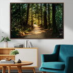 Sunlit Forest Pathway Canvas Print | 3 Panel Large Nature Wall Art