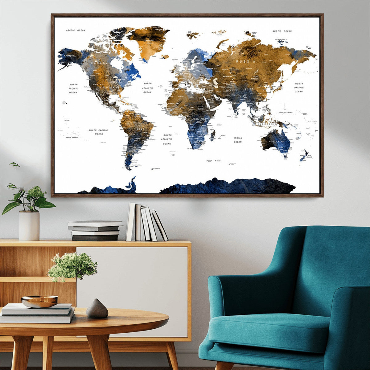 Modern Abstract World Map Canvas Wall Art | Framed Blue and Gold Map Print