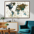 Vintage World Map Wall Art Canvas Print, Framed Rustic Earth Tone Map