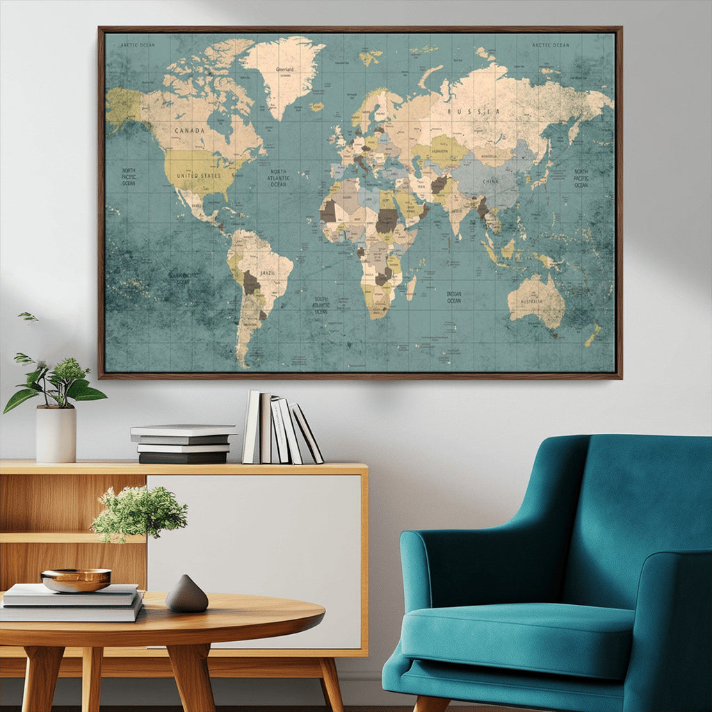Classic World Map Canvas Print | Framed Vintage Map Wall Art