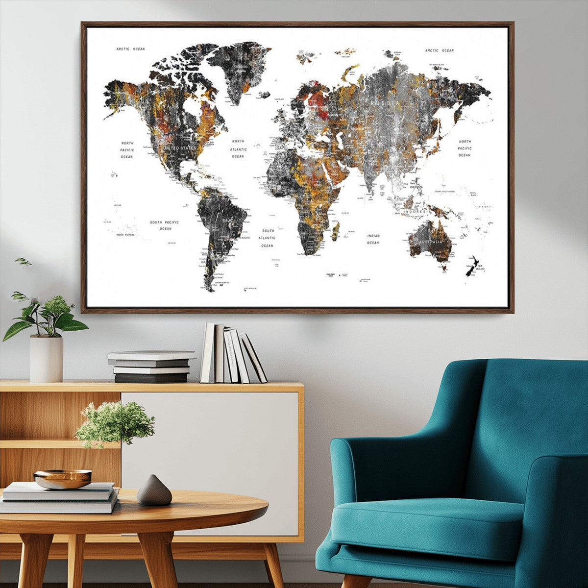 Modern Metallic World Map Canvas Wall Art | Framed Contemporary World Map Print