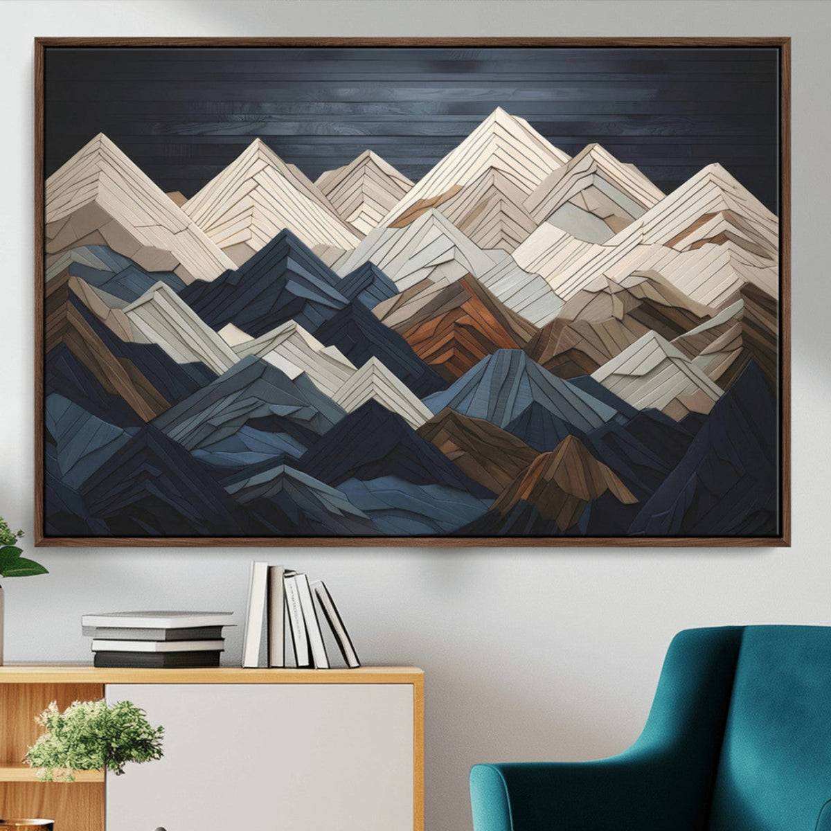 Rustic Mountain Landscape Wall Art Canvas Print, Framed 3D Wooden Effect Mountain Art