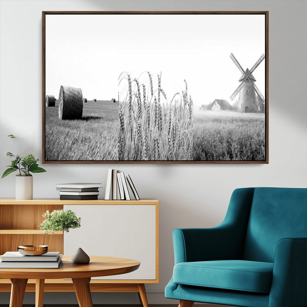 Vintage Farmhouse Black and White Triptych Wall Art, Giclee Canvas with Wheat Fields, Hay Bales and Windmill