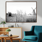 Vintage Farmhouse Black and White Triptych Wall Art, Giclee Canvas with Wheat Fields, Hay Bales and Windmill