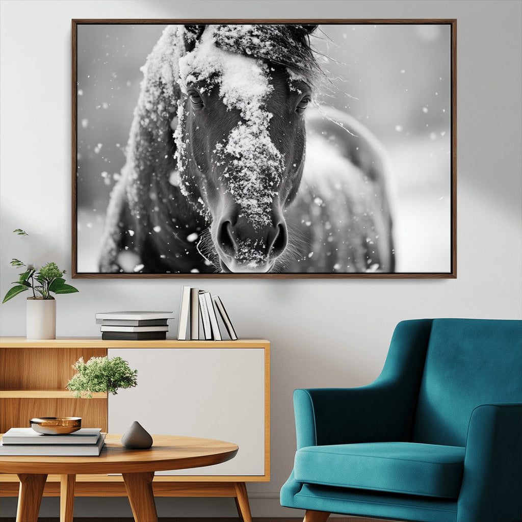 Black and White Horse Winter Wall Art, Ready to Hang