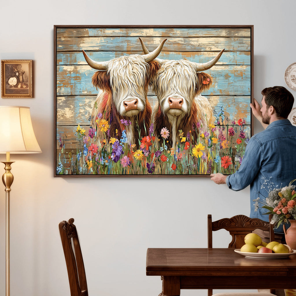 Cute Highland Cow Canvas Wall Art - Rustic Farmhouse Decor