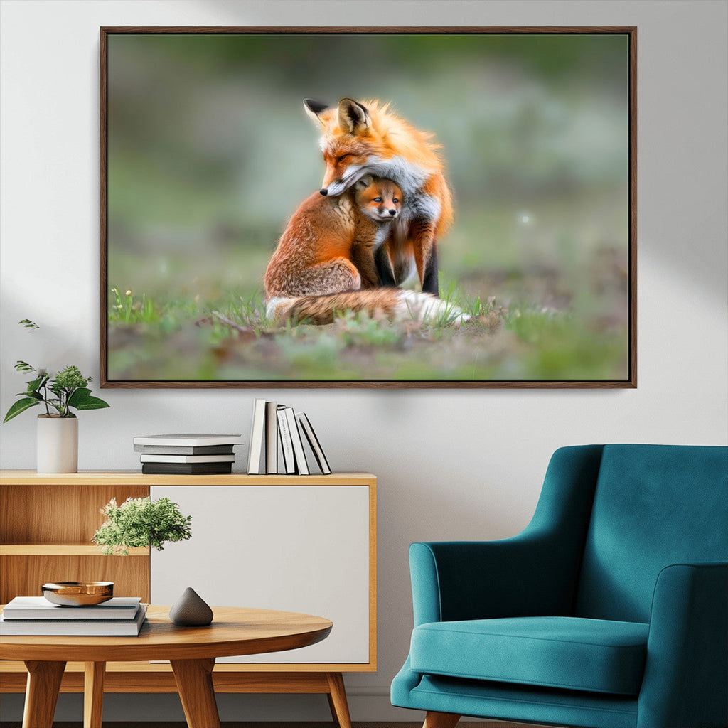 Heartwarming Fox and Baby Cub Wall Art | Canvas Print of Foxes in Nature