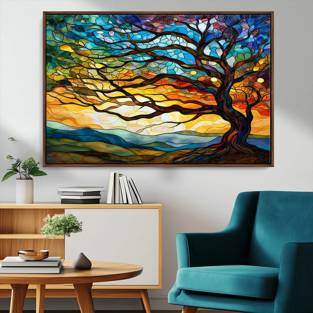 Vibrant Mosaic Tree of Life Wall Art, Stained Glass Style Canvas Print
