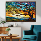 Vibrant Mosaic Tree of Life Wall Art, Stained Glass Style Canvas Print
