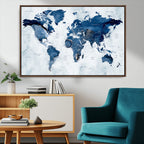 Modern Blue World Map Canvas Print | Elegant Travel Map Wall Art for Home Office