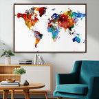 Colorful World Map Canvas Wall Art Print, Contemporary Global Map Artwork