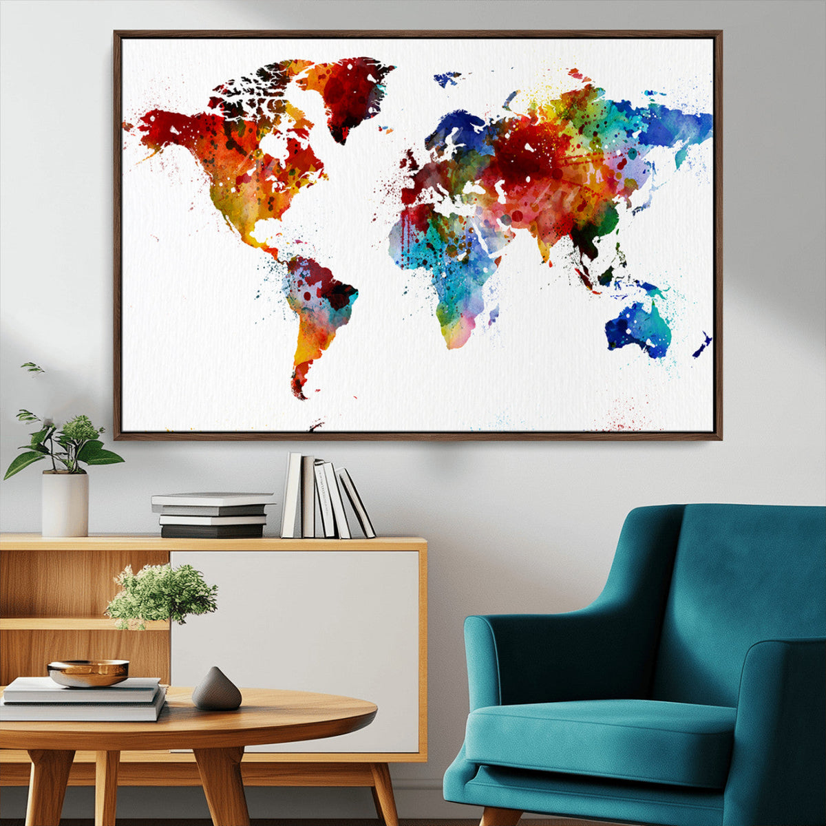 Colorful World Map Canvas Wall Art Print, Contemporary Global Map Artwork