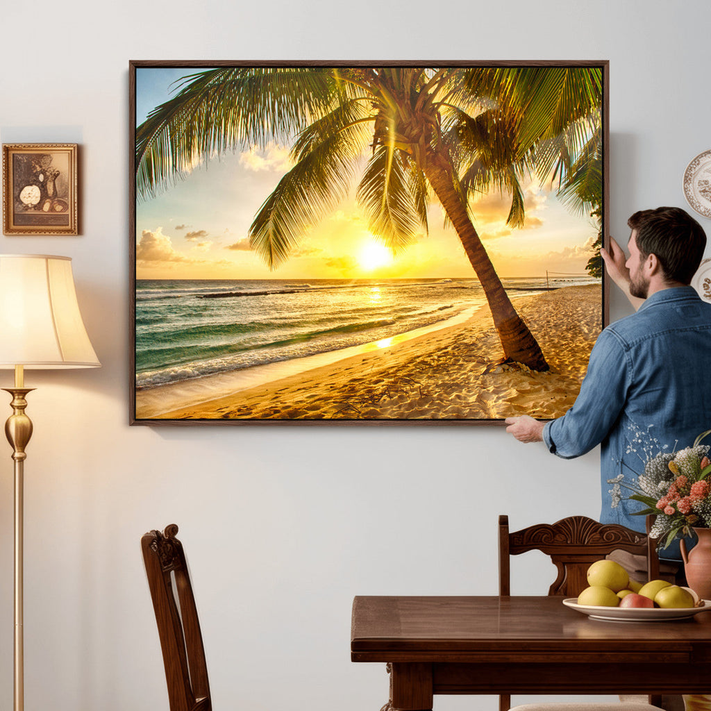 Beach Sunset Canvas Wall Art Print - Tropical Beach Canvas With Palm Trees