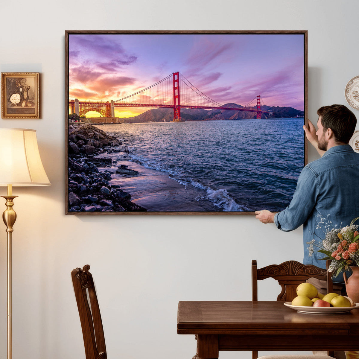 Golden Gate Bridge Wall Art Canvas Print, Framed San Francisco Sunset Landmark