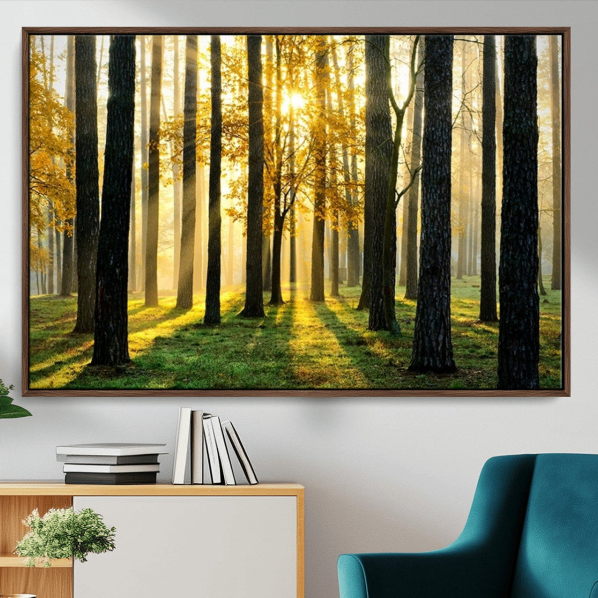 Sunlit Forest Wall Art Canvas Print, Large Framed Woodland Scene with Golden Light