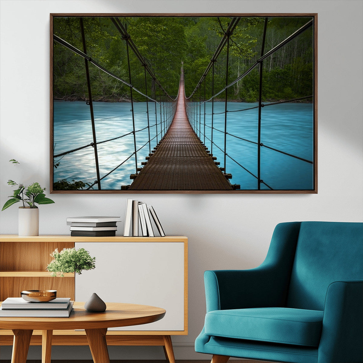 Suspension Bridge Over River Canvas Art | 3-Panel Nature Wall Art