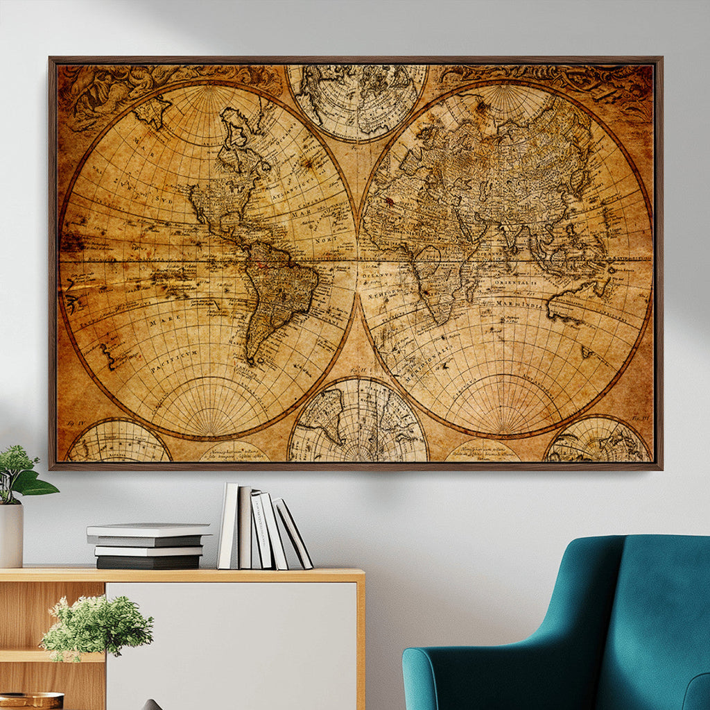 Vintage World Map Canvas Print | Antique Push Pin Travel Map