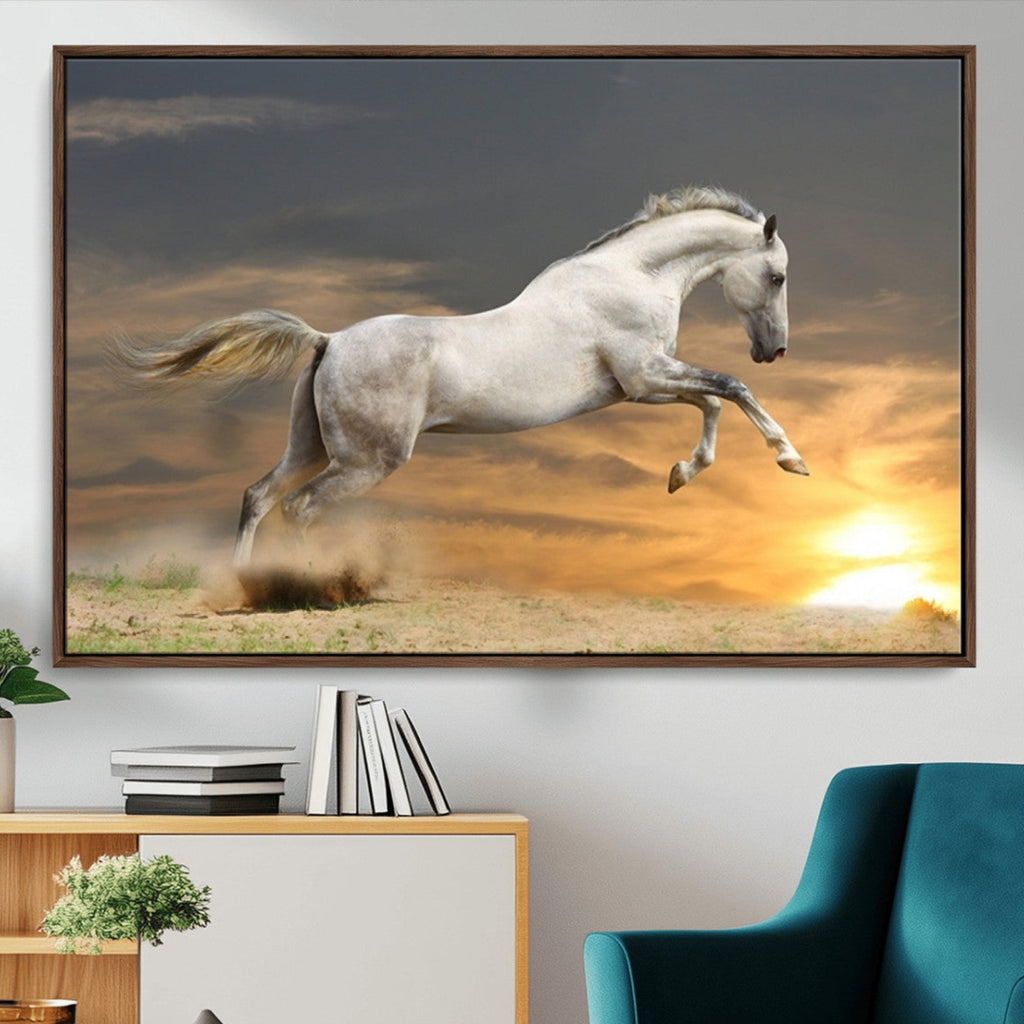 Large Wall Art Canvas Print, White Jumping Horse at Sunset
