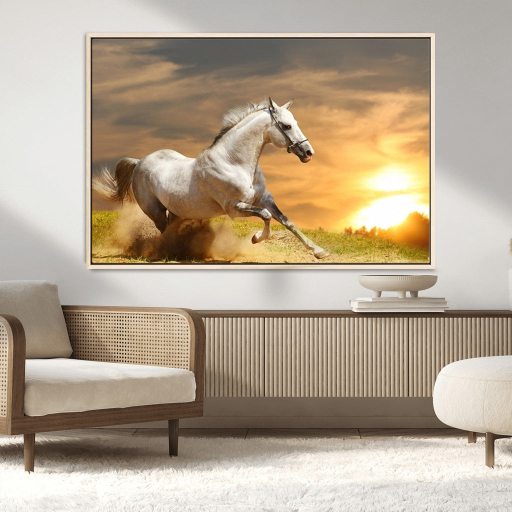 Large Wall Art Galloping White Horse at Sunset Canvas Print