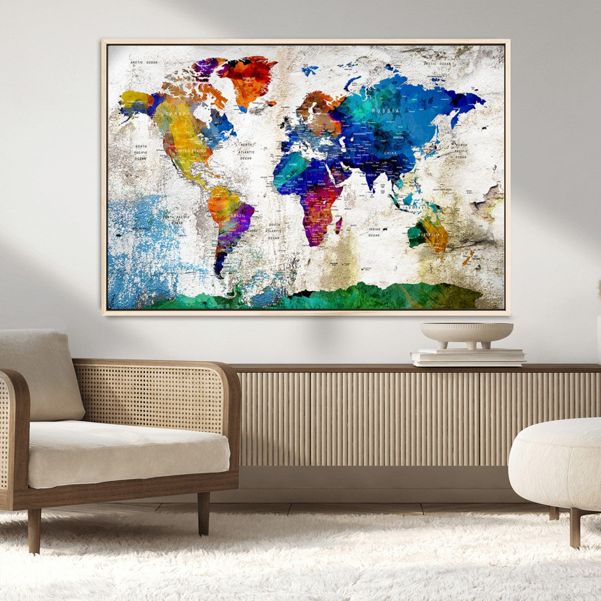 Navy Blue and Orange Watercolor World Map Canvas Print | Framed Travel Map