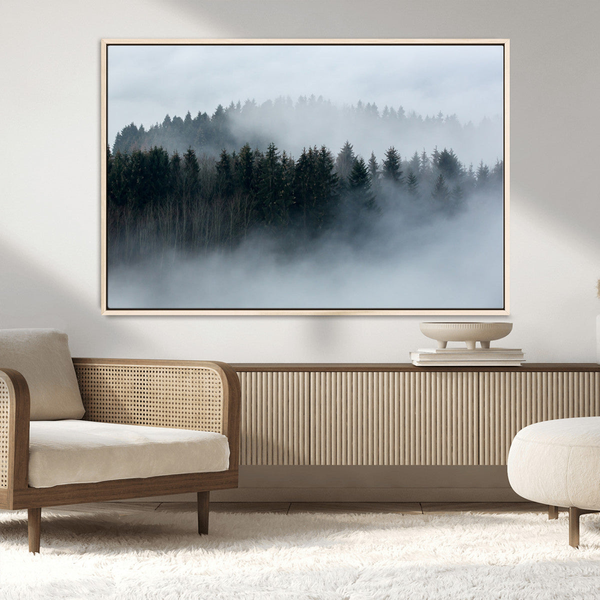Autumn and Misty Trees in the Forest Wall Art Canvas Print, Foggy Forest Mountain Wall Art