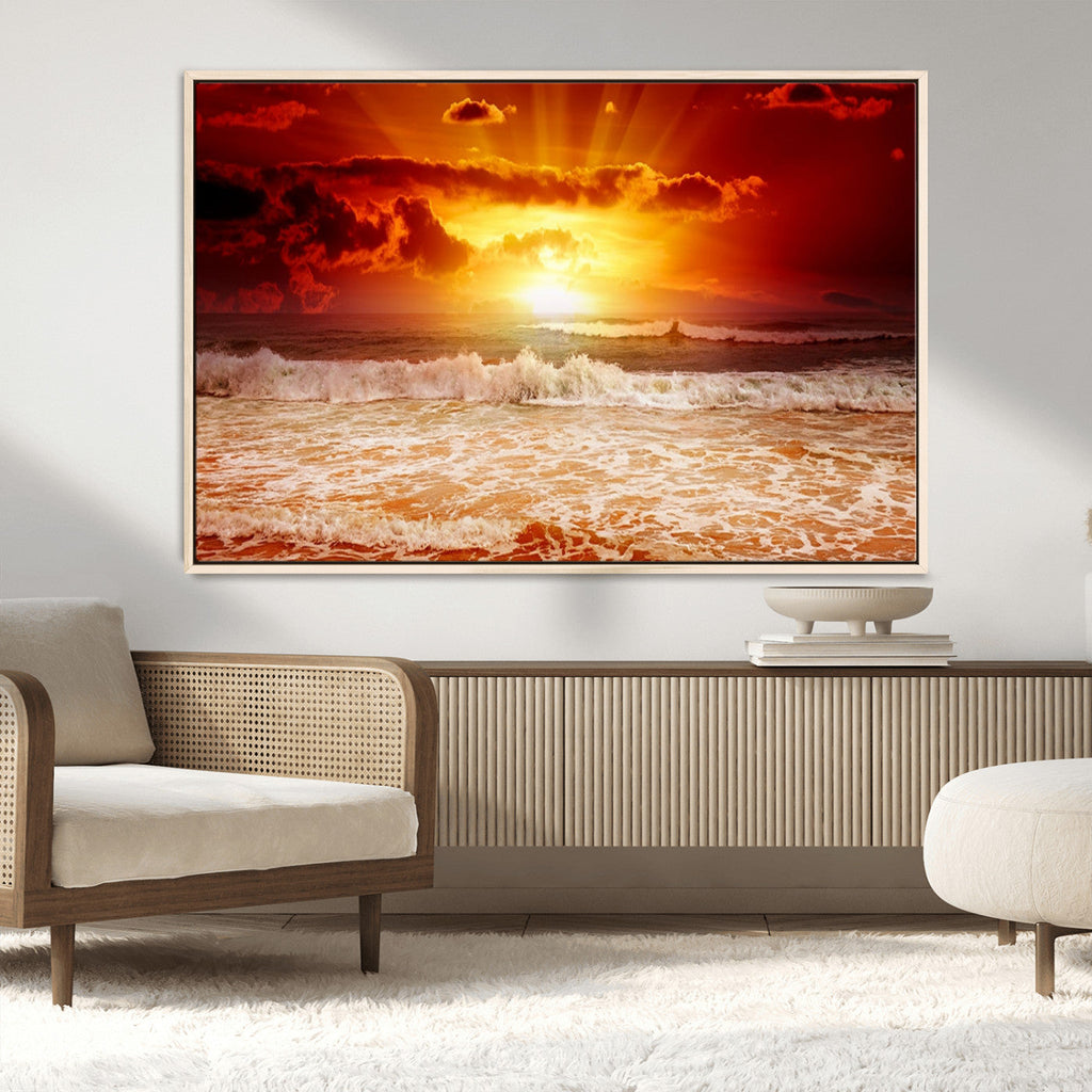 Red Sunset Ocean Beach Canvas Wall Art, Coastal Sunset Print