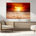 Red Sunset Ocean Beach Canvas Wall Art, Coastal Sunset Print