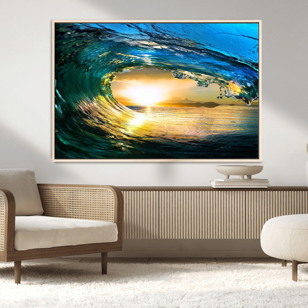 Ocean Wave at Sunset Canvas Art, Large Wall Print of Vibrant Surfing Wave
