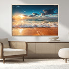 Golden Sunset Beach Triptych Canvas Art, Giclee Coastal Wall Decor, Ocean Waves Print