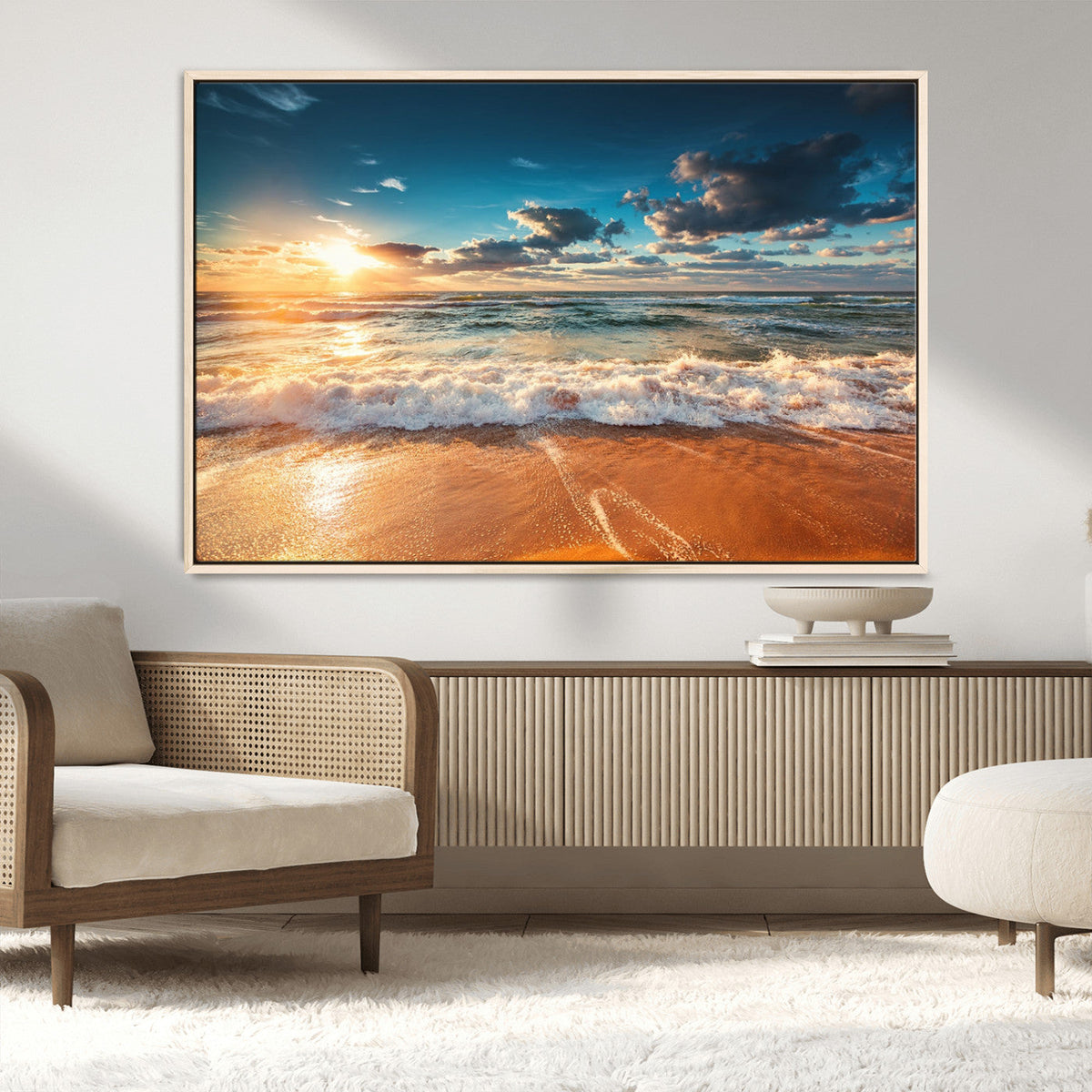 Golden Sunset Beach Triptych Canvas Art, Giclee Coastal Wall Decor, Ocean Waves Print