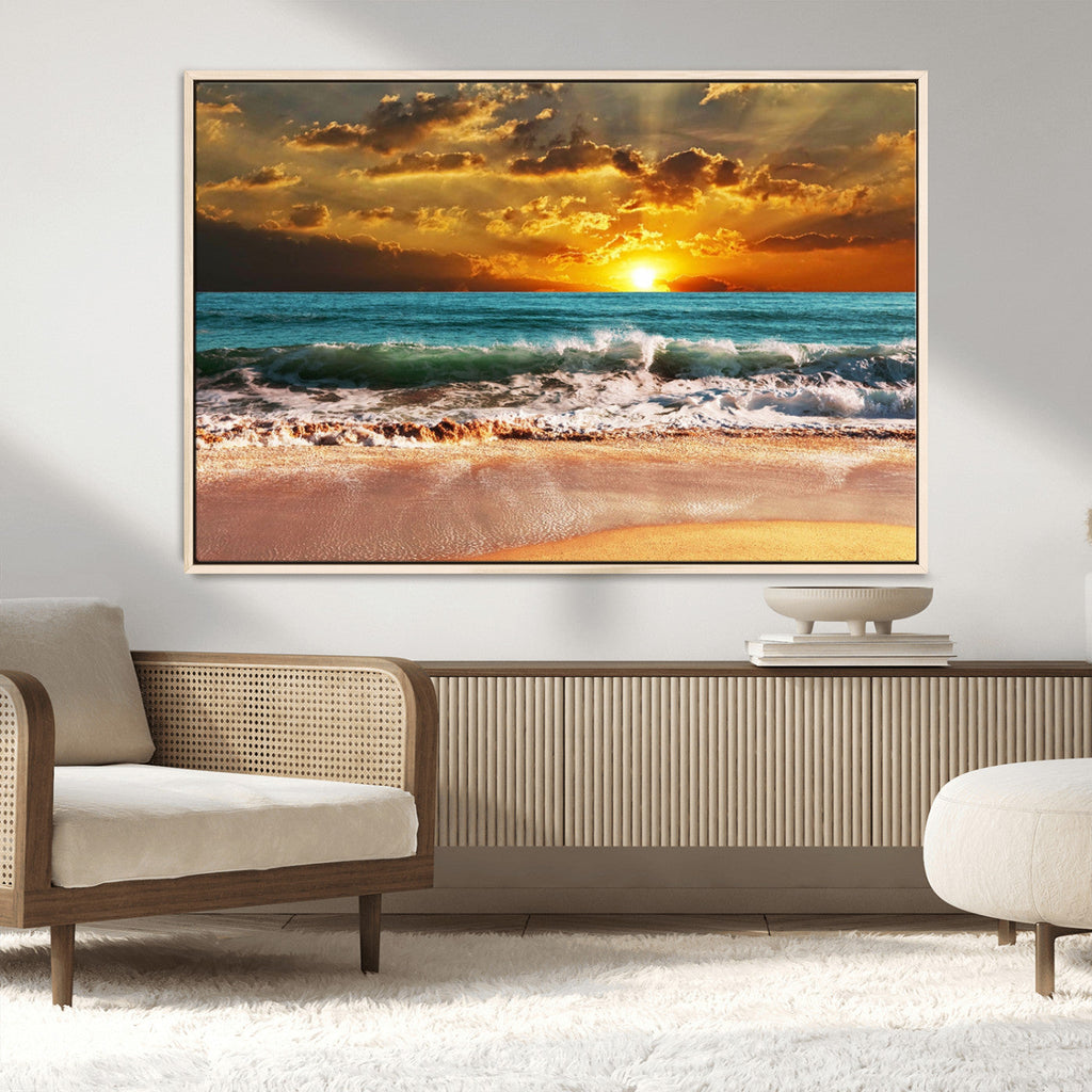 Golden Sunset Beach Canvas Wall Art | Triptych Seascape Print, Framed and Ready to Hang