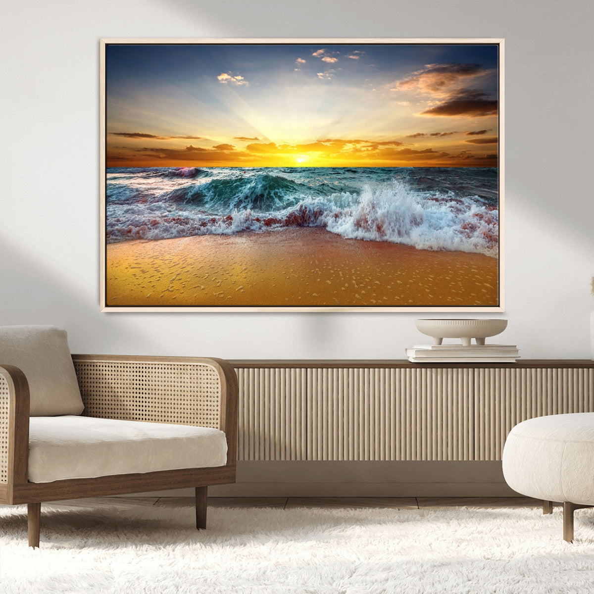 Golden Sunset Ocean Waves Wall Art Canvas Print | Multi Panel Beach Canvas Set, Coastal Triptych