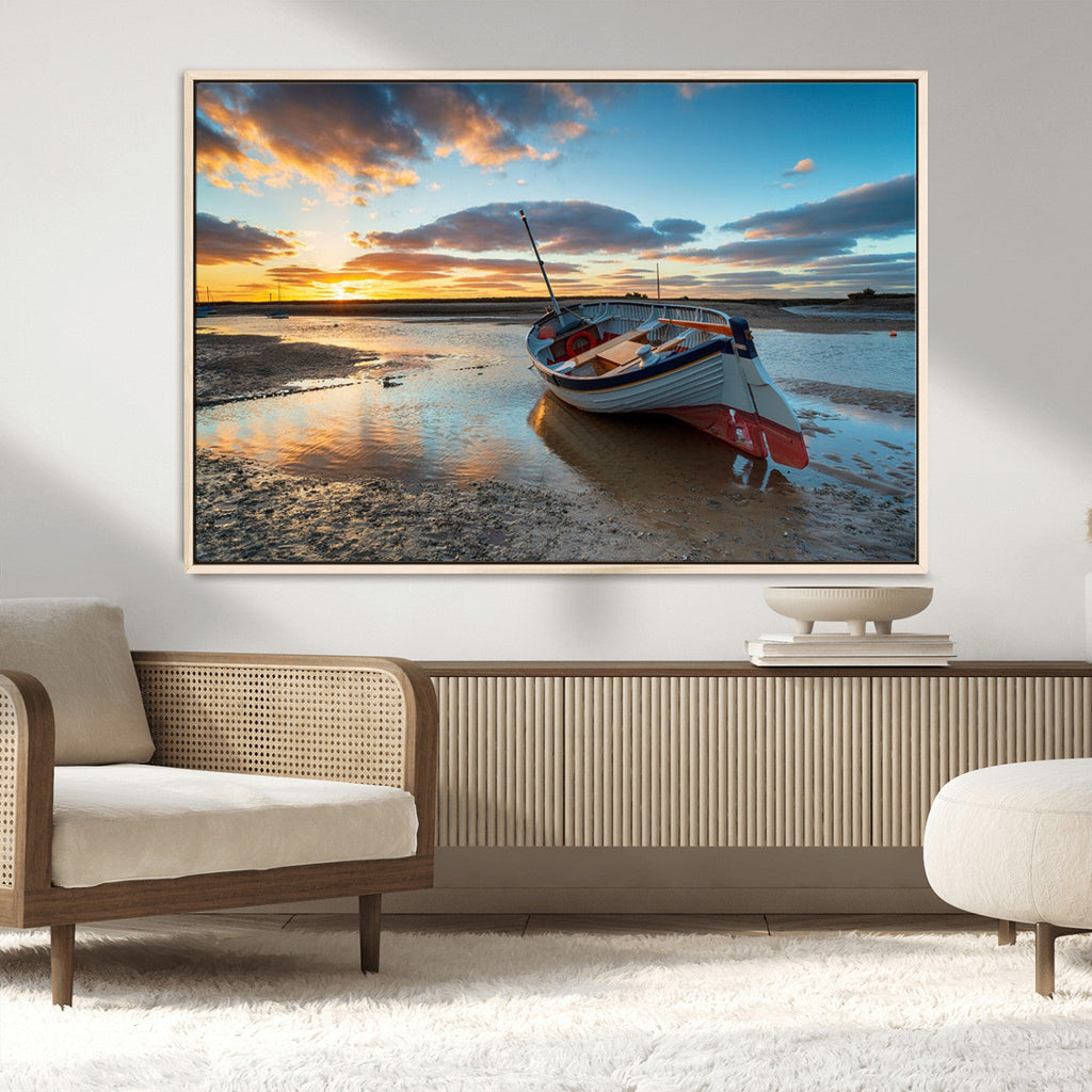 Small Boat At The Beach Sunset Wall Art, Boat Sunset Wall Art Canvas Print