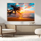 Palm Tree Sunset On The Beach Wall Art Canvas, Framed Palm Tree Sunset Canvas Print