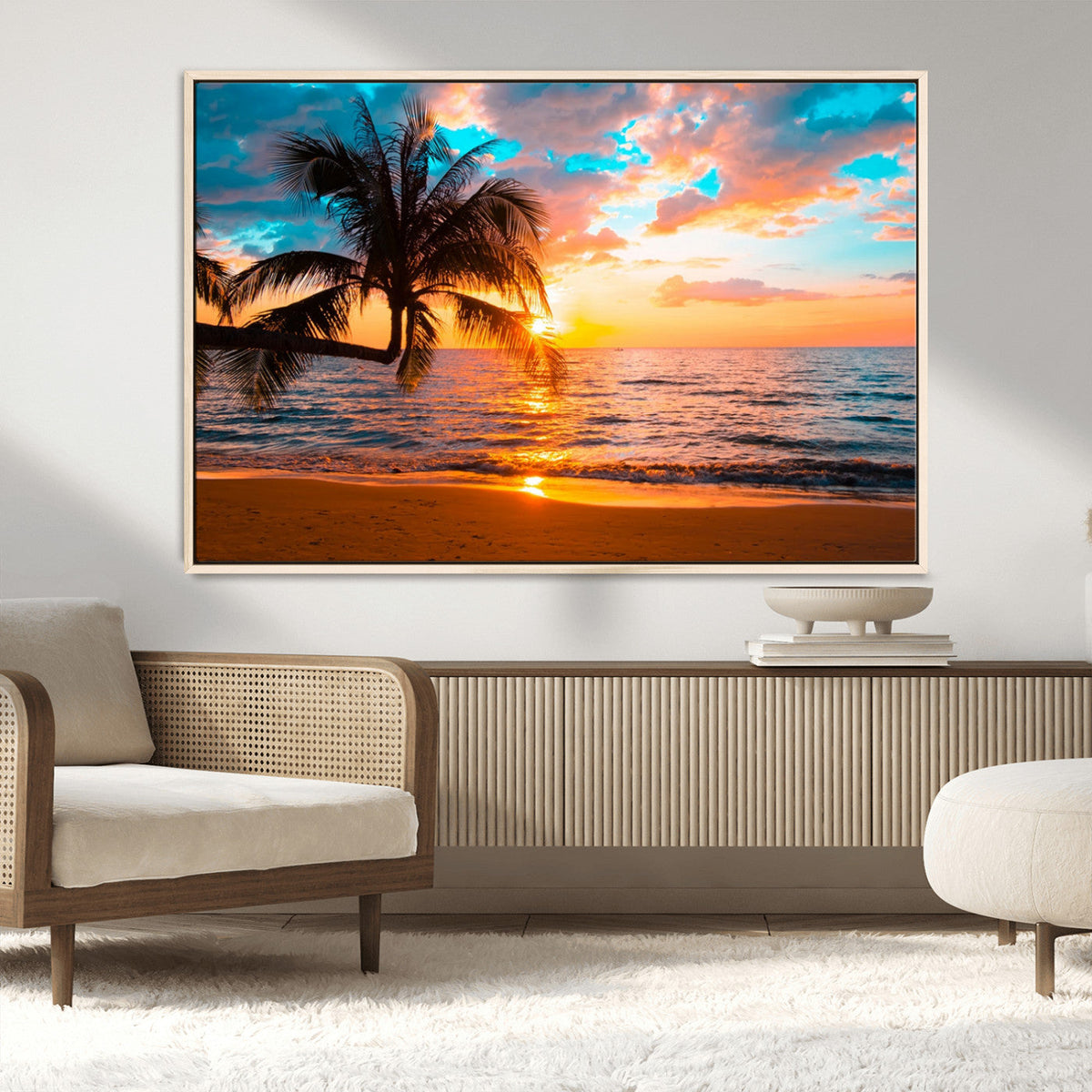 Palm Tree Sunset On The Beach Wall Art Canvas, Framed Palm Tree Sunset Canvas Print