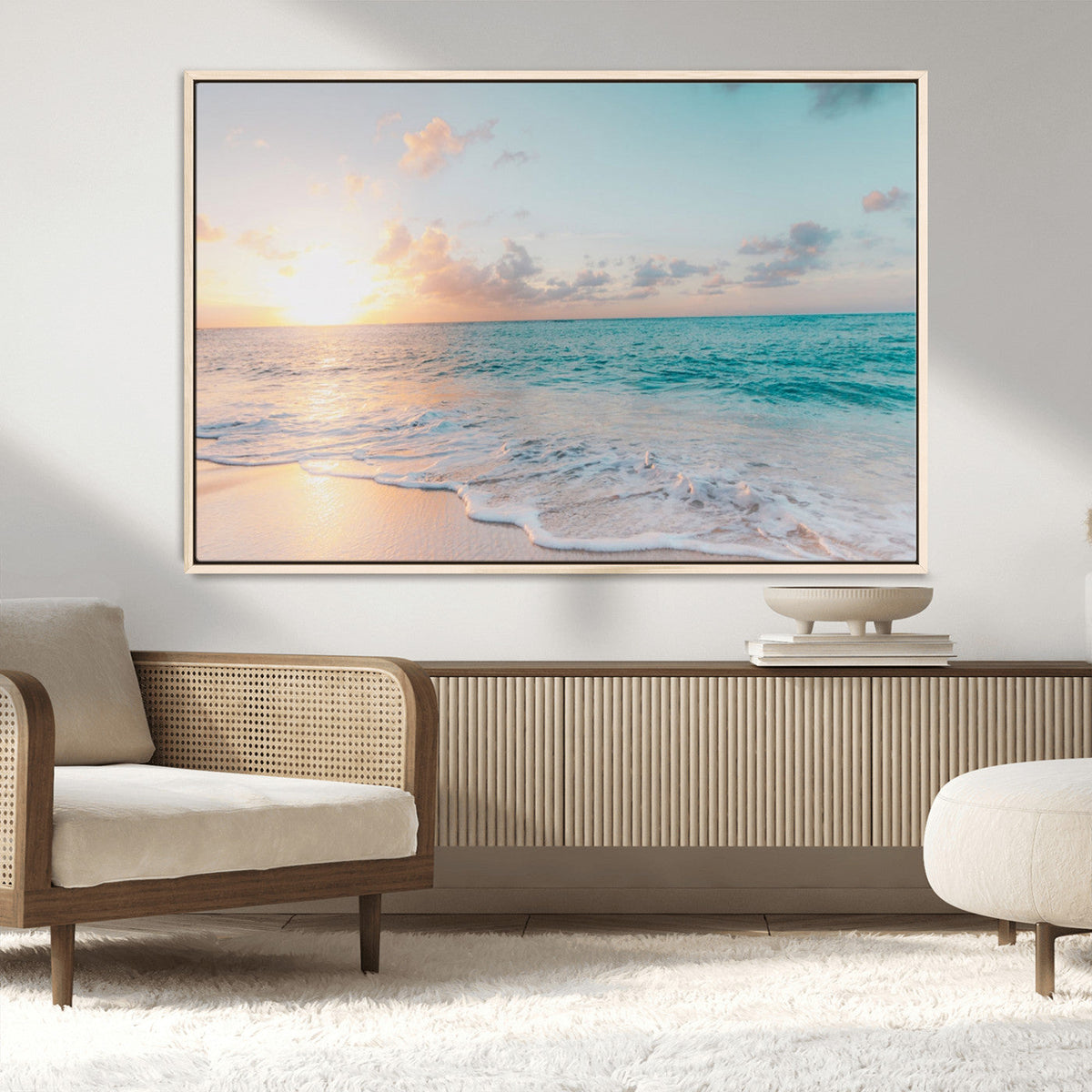 Tranquil Ocean Beach Sunset Canvas Wall Art | 3-Panel Coastal Decor