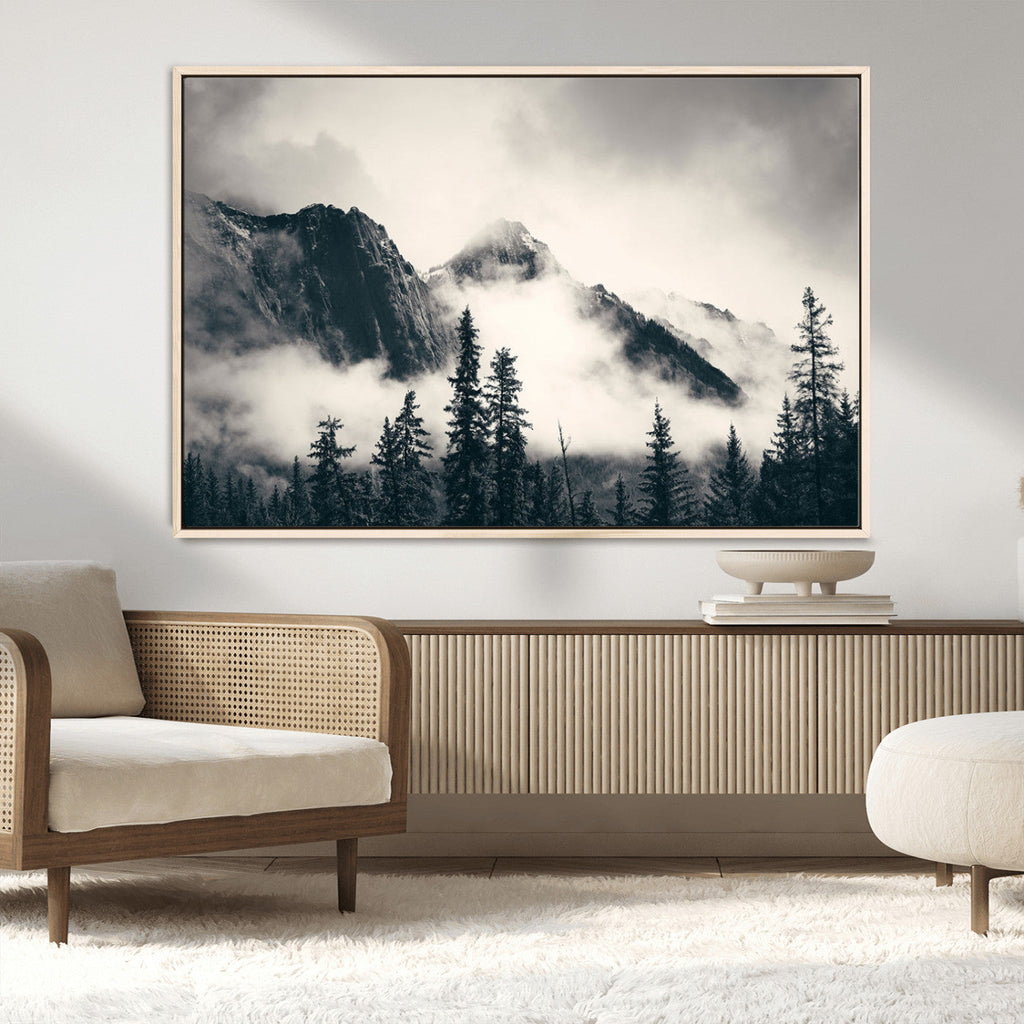 Forest Mountain Print | Black and White Canvas Wall Art with Misty Forest Design