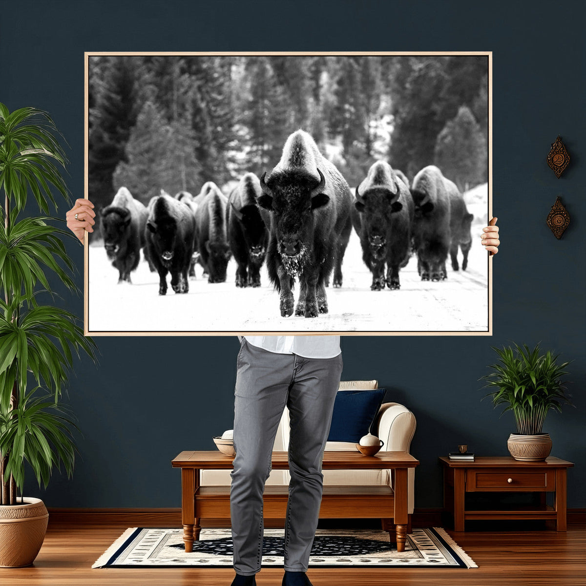 Bison Herd in Snow Wall Art Canvas Print | Rustic Western Bison Wall Art for Living Room and Farmhouse Decor