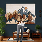 Rustic Abstract Wood Panel Effect Canvas | Mountain Range Top Wood Wall Art Canvas Print