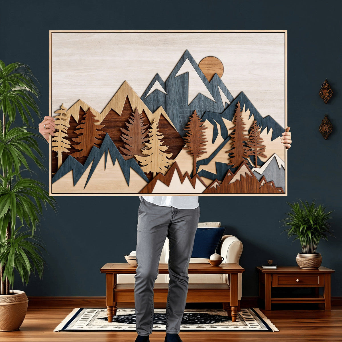 Rustic Abstract Wood Panel Effect Canvas | Mountain Range Top Wood Wall Art Canvas Print