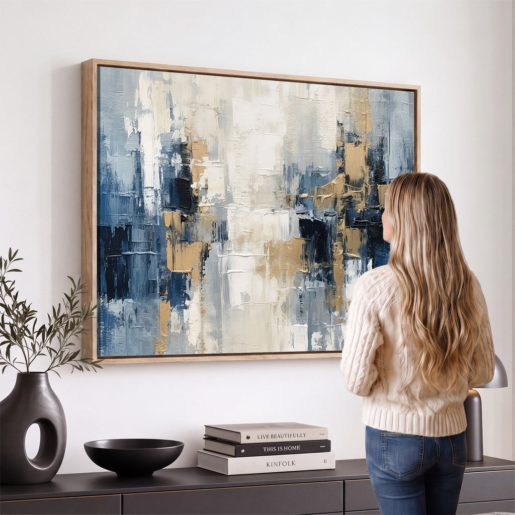 Modern Abstract Canvas Wall Art in Blue and Gold Tones | Large Contemporary Art for Living Room