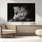 Lion Couple Wall Art Canvas Print, Elegant Black and White Wildlife Portrait