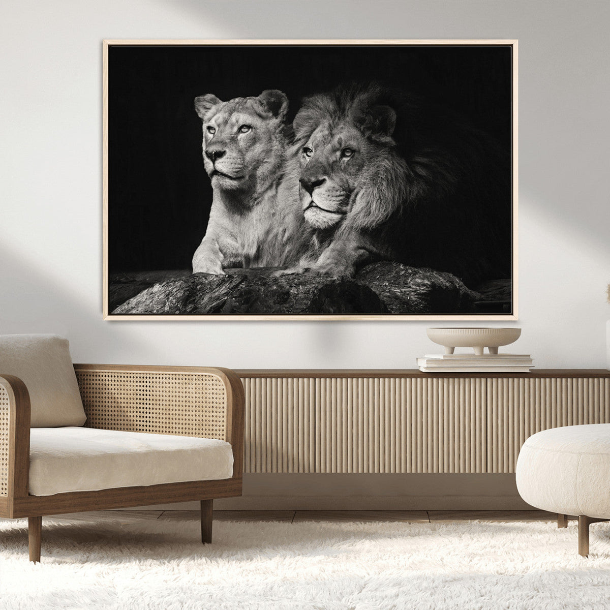 Lion Couple Wall Art Canvas Print, Elegant Black and White Wildlife Portrait